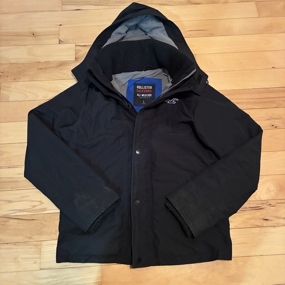 Hollister Mens Large Black All Weather Fleece Lined Hooded Parka Jacket Storm